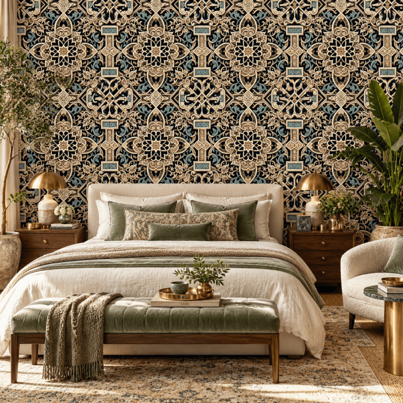 Arabesque Imperial Wallpaper, Elegant bedroom with patterned wallpaper.