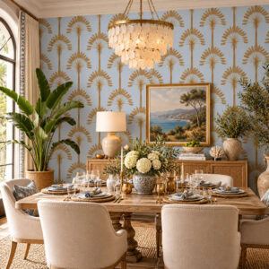 Deco Palm Gold & Powder Blue Wallpaper