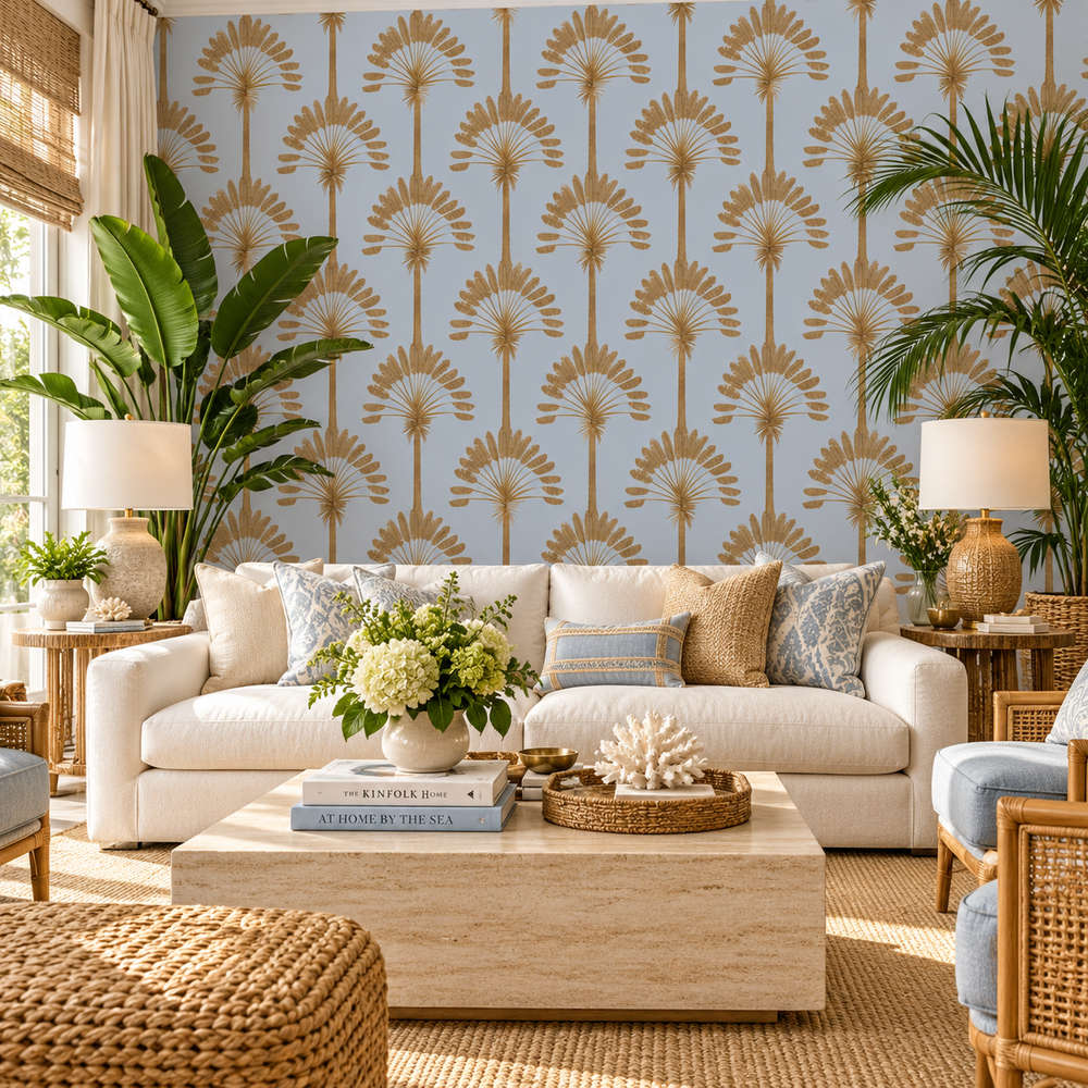 Deco Palm Gold & Powder Blue Wallpaper