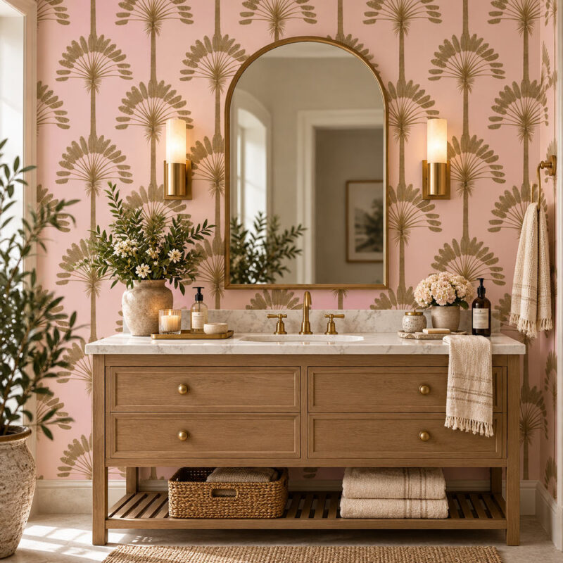 Deco Palm Gold & Blush Pink Wallpaper