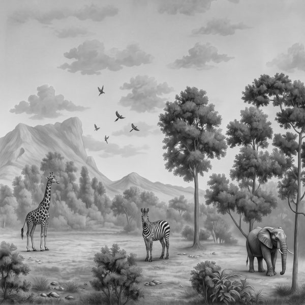 African Safari Landscape Wallpaper with Zebra & Elephant