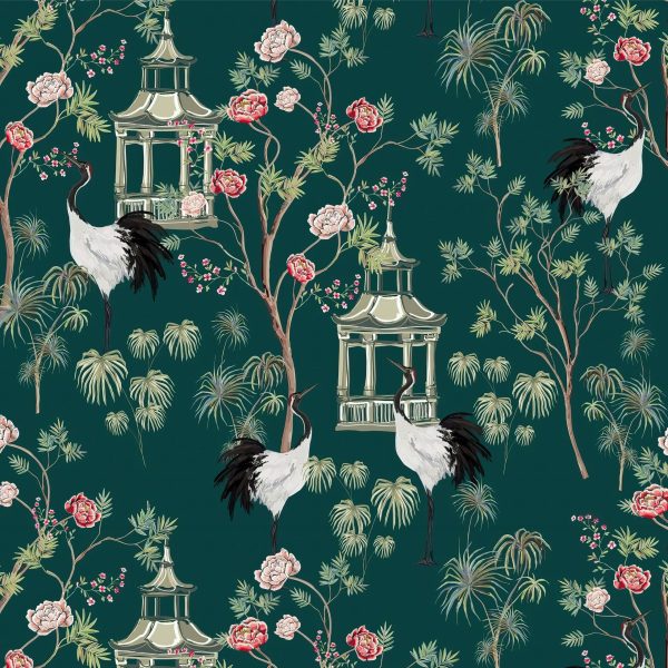 Emerald Pagoda Crane Chinoiserie Wallpaper