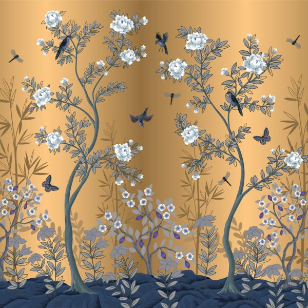 Golden Chinoiserie Peony Trees and Birds
